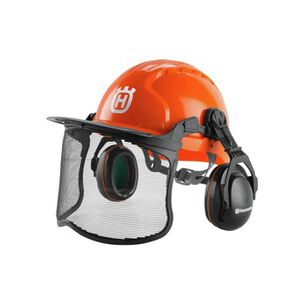 安全装备| Husqvarna的功能性森林电锯头盔，金属网面罩-橙色