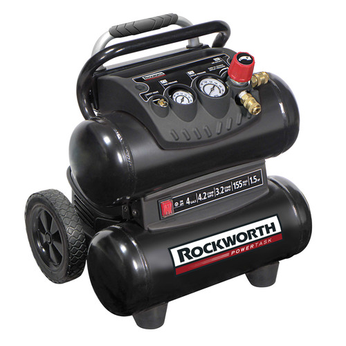 Portable Air Compressors | Factory Reconditioned Rockworth RW1504ST2-CP 1.5 HP 4 Gallon Oil-Free Twin-Stack Air Compressor (Black) image number 0