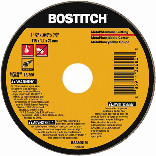 Grinding, Sanding, Polishing Accessories | Bostitch BSA8051M 4-1/2 in. Metal Thin Cut-Off Wheel image number 0