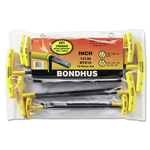 Screwdrivers | Bondhus 13138 10-Piece Balldriver with T-Handle Hex-Key Driver Set, Pouch image number 0