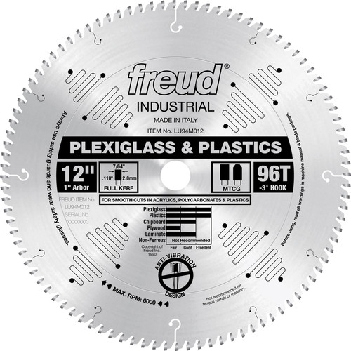 Blades | Freud LU94M012 12 in. 96 Tooth Plexiglas/Plastics Saw Blade image number 0
