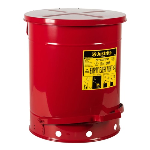 Trash & Waste Bins | Justrite 09500 14 Gallon Hands-Free Self-Closing Cover Oily Waste Can - Red image number 0