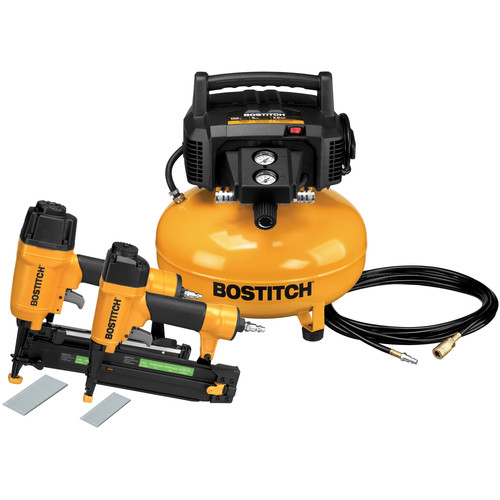 Nail Gun Compressor Combo Kits | Factory Reconditioned Bostitch BTFP2KIT-R 150 PSI 2.6 SCFM Nailer and 0.8 HP 6 Gallon Oil-Free Pancake Compressor Combo Kit image number 0