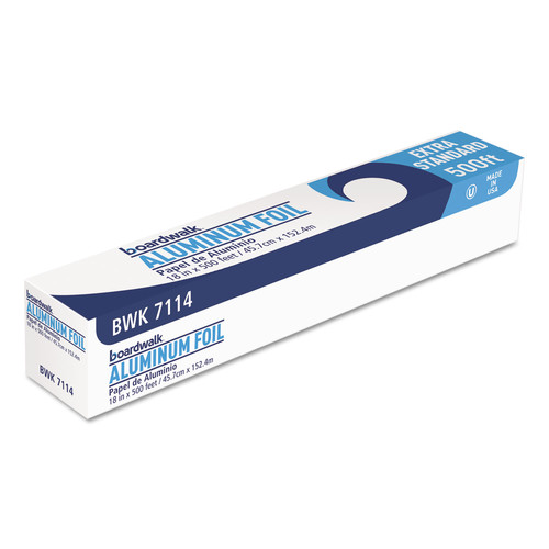 Early Labor Day Sale | Boardwalk BWK7114 Premium Quality Aluminum Foil Roll, 18-in x 500 ft, 16 Micron Thickness, Silver (1/Carton) image number 0