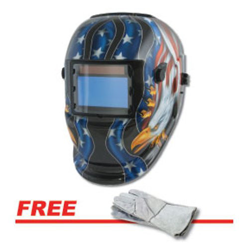 Welding Accessories | Titan 41265P Solar-Powered Auto-Darkening Welding Helmet (Eagle/Flag) with FREE Welding Gloves image number 0