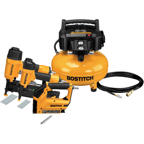 Nail Gun Compressor Combo Kits | Factory Reconditioned Bostitch BTFP3KIT-R 3-Piece Nailer and 0.8 HP 6 Gallon Oil-Free Pancake Compressor Combo Kit image number 0