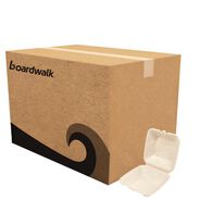 FOOD TRAYS CONTAINERS LIDS | Boardwalk 6 in. x 6 in. x 3.19 in. Sugarcane Bagasse PFAS-Free Food Containers - Tan (500/Carton)
