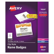 LABEL AND BADGE HOLDERS | Avery 4 x 3 Top-Load Clip-Style Name Badge Holder with Laser/Inkjet Insert - White (100/Box)