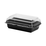 FOOD TRAYS CONTAINERS LIDS | SOLO Creative Carryouts 7.87 in. x 5.4 in. x 2.1 in. 24 oz. Hinged Plastic Hot Deli Boxes - Black/Clear (200/Carton)