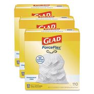 TRASH WASTE BINS | Glad ForceFlex Kitchen Drawstring Trash Bags, Drawstring, 13 gal, Unscented, 23.47 x 25.38, White, 110 Bags/Box, 3 Boxes/Carton