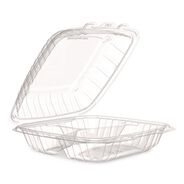 FOOD TRAYS CONTAINERS LIDS | Dart 9 in. x 8.75 in. x 3 in. 3-Compartments ProPlanet Microwaveable Plastic Hinged Containers - Clear (150/Carton)