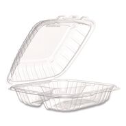 FOOD TRAYS CONTAINERS LIDS | Dart 9 in. x 8.75 in. x 3 in. 3-Compartments ProPlanet Microwaveable Plastic Hinged Containers - Clear (150/Carton)