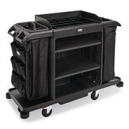 CLEANING CARTS | Rubbermaid Commercial 24.4 in. x 62.4 in. x 49 in. Full-Size 3-Shelf Resin Housekeeping Cart with Accessory Bundle - Black