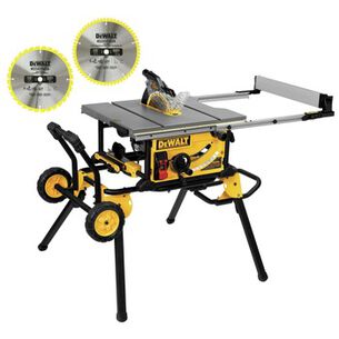POWER TOOLS | Dewalt 10 in. Jobsite Table Saw with Rolling Stand and 10 in. Construction Miter/Table Saw Blades Combo Pack With Safety Sun Glasses Bundle
