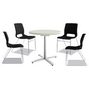 OFFICE FURNITURE AND LIGHTING | HON Between Seated-Height X-Base with 30 in. Diameter Between Round Table Top and Motivate High-Density Stacking Chair Bundle (4 Chairs/Carton)