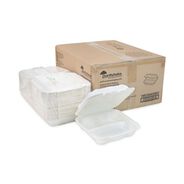 FOOD TRAYS CONTAINERS LIDS | Pactiv Corp. YMCH08030001 EarthChoice 7.8 in. x 7.8 in. x 2.8 in. Bagasse Hinged Lid 3-Compartment Container with Dual Tab Lock - Natural (150/Carton)