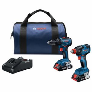 DOLLARS OFF | Bosch 18V Brushless Lithium-Ion 1/2 in. Cordless Hammer Drill Driver and 2-in-1 1/4 in. and 1/2 in. Bit Socket Impact Wrench with 2 Batteries (4 Ah)