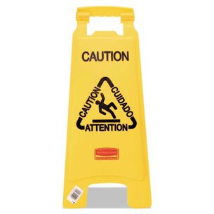 PRODUCTS | Rubbermaid Commercial 11 in. x 12 in. x 25 in. Multilingual "Caution" Floor Sign - Bright Yellow