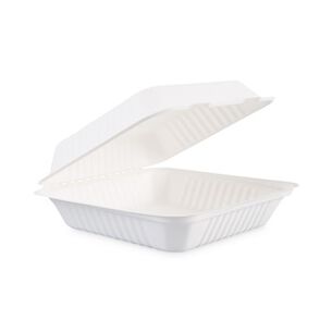 FOOD TRAYS CONTAINERS LIDS | Boardwalk 9 in. x 9 in. x 3.19 in. 1-Compartment Hinged-Lid Sugarcane Bagasse Food Containers - White (100/Sleeve, 2 Sleeves/Carton)