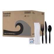 CUTLERY | Boardwalk BWKFKTNSMWPSBLA Mediumweight Fork/Knife/Napkin/Pepper/Salt/Spoon 6-Piece Plastic Cutlery Kit - Black (250/Carton)