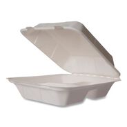 FOOD TRAYS CONTAINERS LIDS | Vegware 7.9 in. x 7.9 in. x 2.9 in. Molded Fiber Compostable Sugarcane 3-Compartment Clamshell Containers - White (200/Carton)