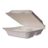 FOOD TRAYS CONTAINERS LIDS | Vegware WHBRG-9-3 HW 9 in. x 18 in. x 2 in. Molded Fiber Compostable Sugarcane 3-Compartment Clamshell Containers - White (200/Carton)