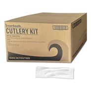 FOOD SERVICE | Boardwalk BWK3KITHVYWH 3-Piece Polystyrene Fork/Knife/Teaspoon Cutlery Kit - White (250/Carton)