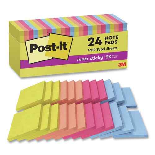 Sticky Notes & Post it | Post-it Notes Super Sticky 654-24SSJOY-CP 3 in. x 3 in. Note Pads - Summer Joy Collection Colors (24/Pack) image number 0