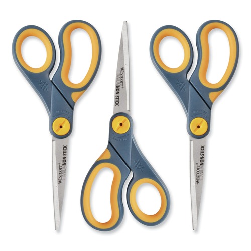  | Westcott 15454 8 in. Long, 3.25 in. Cut Length Non-Stick Titanium Bonded Scissors - Gray/Yellow Straight Handles (3/Pack) image number 0