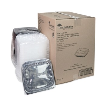 Pactiv Corp. EarthChoice 1 Compartment 66 oz. 10.5 in. x 9.5 in. x 3 in. Plastic Vented Dual Color Microwavable Hinged Lid Container - Black/Clear