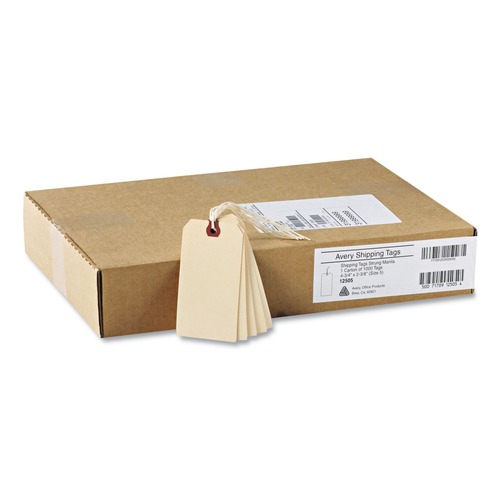  | Avery 12505 4.75 in. x 2.38 in. 11.5 pt Stock Strung Shipping Tags - Manila (1000/Box) image number 0