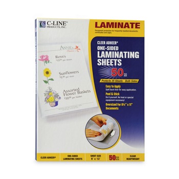 C-Line 2 mil 9 in. x 12 in. Cleer Adheer Self-Adhesive Laminating Film - Gloss Clear (50/Box)
