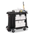 Cleaning Carts | Rubbermaid Commercial 2202585 23 in. x 53.12 in. x 19.1 in. 3-Shelf Compact Plastic Housekeeping Cart - Black image number 3