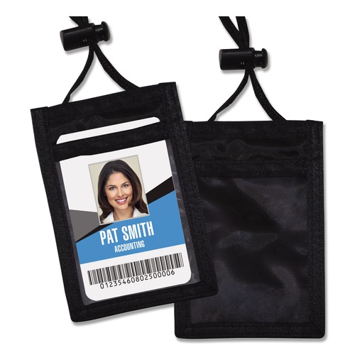 Office Jansan | Advantus 75453 3.25 in. x 5 in. Holder 2.38 in. x 3.5 in. Insert 48 in. Cord Vertical ID Badge Holders with Convention Neck Pouch - Black/Clear (12/Pack) image number 0