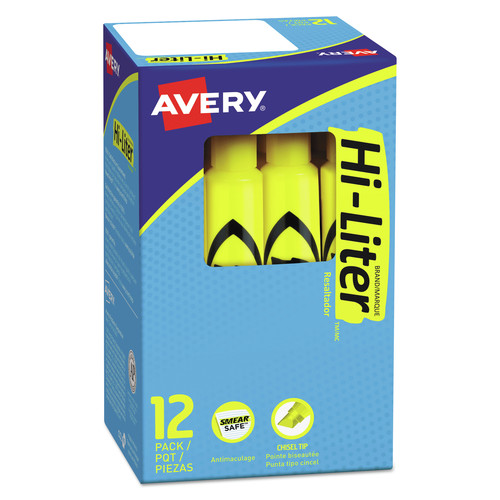 Office Jansan | Avery 07742 HI-LITER Desk-Style Chisel Tip Highlighters - Yellow Ink/Black Barrel (1-Dozen) image number 0