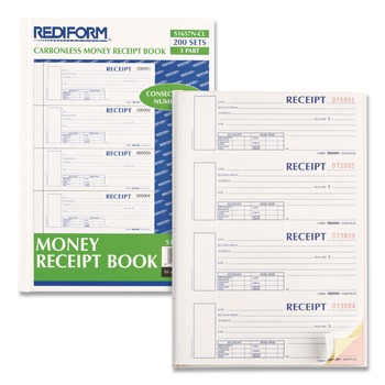 Rediform 6.88 in. x 2.75 in. 3-Part Carbonless Durable Hardcover Numbered Money Receipt Book