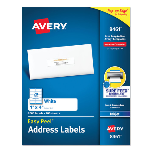 Labels | Avery 08461 1 in. x 4 in. Easy Peel Address Labels with Sure Feed Technology for Inkjet Printers - White (20/Sheet, 100 Sheets/Box) image number 0