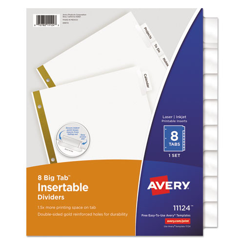Office Jansan | Avery 11124 11 in. x 8.5 in. 8-Tab Double-Sided Gold Edge Reinforcing Insertable Big Tab Dividers - White/Clear Tabs (1-Set) image number 0