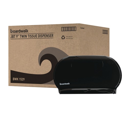 Paper Towels and Napkins | Boardwalk R4070BKBW 20.25 in. x 6 in. x 12.25 in. Jumbo Twin Toilet Tissue Dispenser - Black image number 0