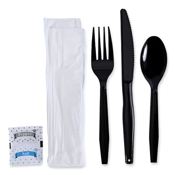 Boardwalk Mediumweight Fork/Knife/Napkin/Pepper/Salt/Spoon 6-Piece Plastic Cutlery Kit - Black (250/Carton)