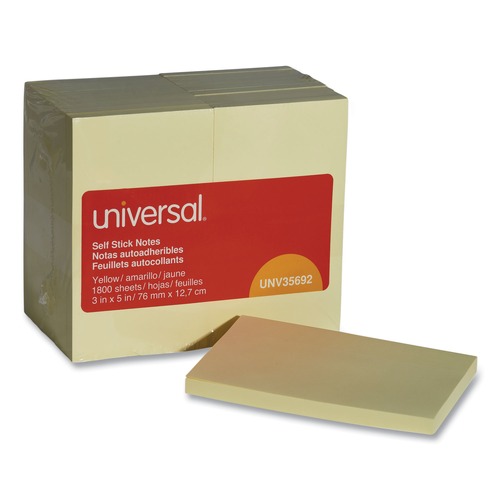  | Universal UNV35692 3 in. x 5 in. Self-Stick Note Pads - Yellow (18/Pack) image number 0
