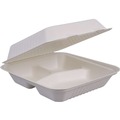 Food Trays, Containers, and Lids | Boardwalk HL-93BW 9 in. x 9 in. x 3.19 in. 3-Compartment Hinged-Lid Sugarcane Bagasse Food Containers - White (100/Sleeve, 2 Sleeves/Carton) image number 3