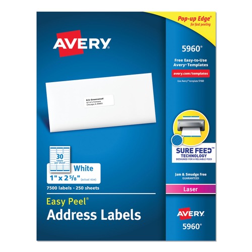 Office Jansan | Avery 05960 1 in. x 2.63 in. Laser Printers Easy Peel White Address Labels with SureFeed Technology - White (7500/Box) image number 0
