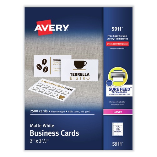 Office Jansan | Avery 05911 2 in. x 3.5 in. Laser Printable Microperforated Business Cards with Sure Feed Technology - White (2500/Box) image number 0