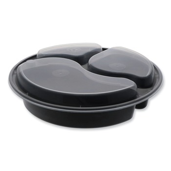 Pactiv Corp. NC9388B Newspring VERSAtainer 3 Compartment 39 oz. 9 in. x 9 in. x 2.25 in. Round Plastic Microwavable Containers - Black/Clear