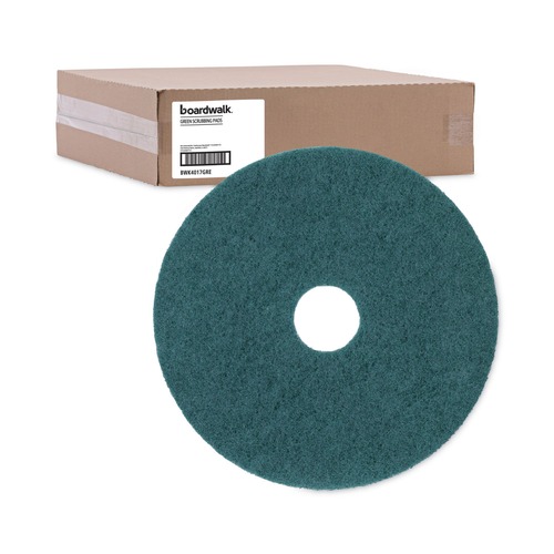 Cleaning & Janitorial Accessories | Boardwalk BWK4017GRE Heavy-Duty 17 in. Scrubbing Floor Pads - Green (5/Carton) image number 0