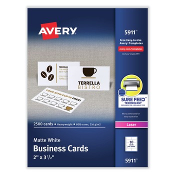 Avery 2 in. x 3.5 in. Printable Microperforated Business Cards with Sure Feed Technology for Laser Printers - White (2,500 Cards, 10/Sheet, 250 Sheets/Box)