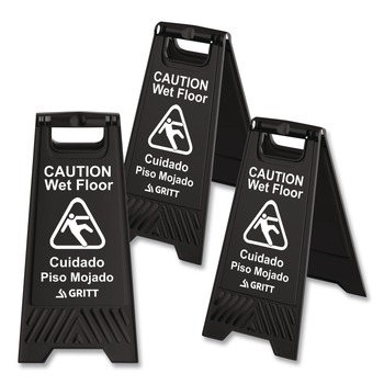 Gritt Commercial GRI184BLK3PK 11.8 in. x 12 in. x 24 in. Caution Wet Floor Sign - Black (3/Carton)