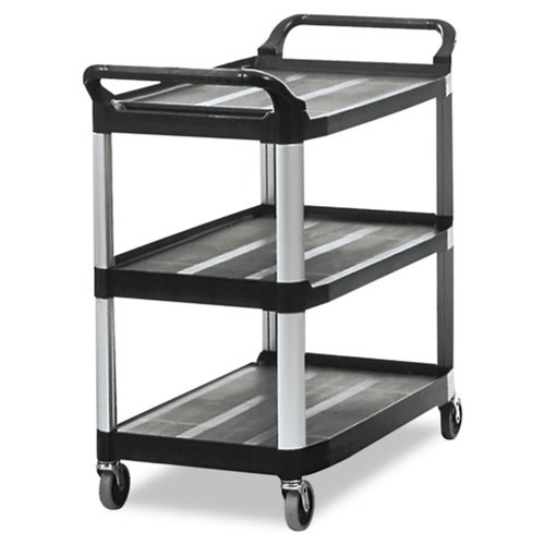 Utility Carts | Rubbermaid Commercial FG409100BLA 40.63 in. x 20 in. x 37.81 in. 300 lbs. Capacity 3 Shelves Plastic Xtra Utility Cart with Open Sides - Black image number 0