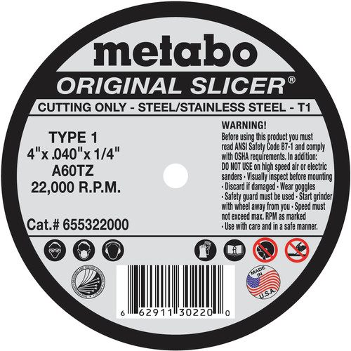 Grinding, Sanding, Polishing Accessories | Metabo 655322000 4 in. x .040 in. A60TZ Type 1 SLICER Cutting Wheel (50-Pack) image number 0